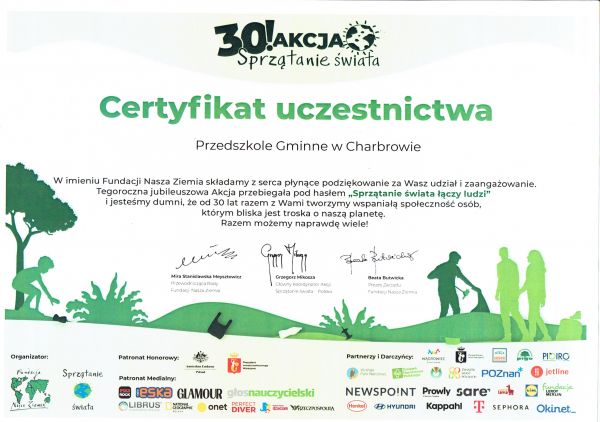 Certyfikat uczestnictwa w ogólnopolskiej akcji Sprzątania Świata.